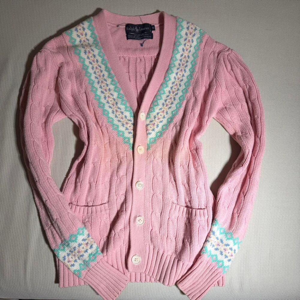 Vintage Ralph Lauren Pink Cottage Core Button Up Cable Knit Sweater Cardigan SM